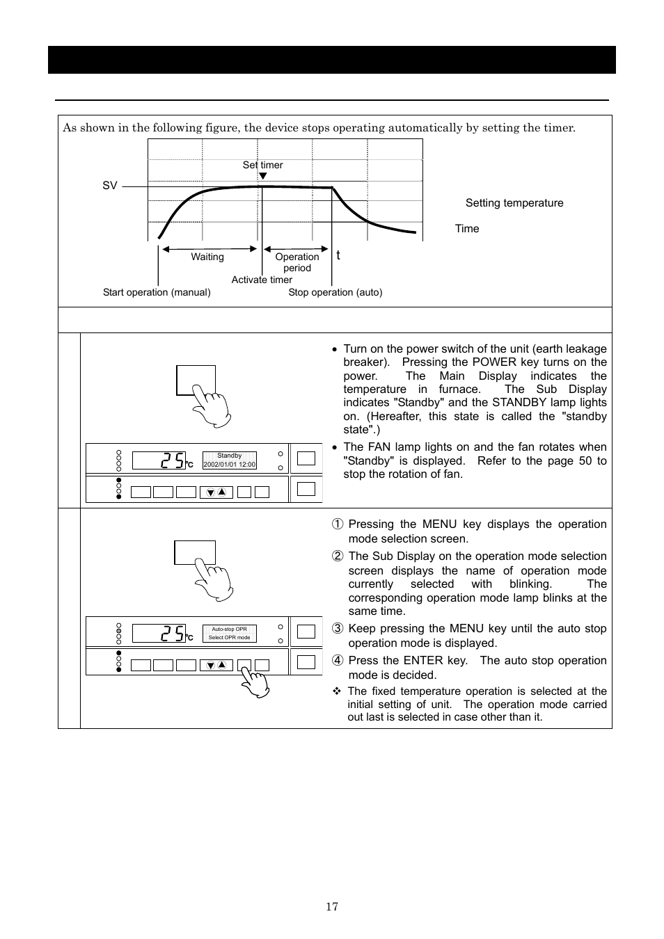 Operation method, Auto stop operation, Setting of the auto stop operation | Turn on the power, Select operation mode, Sv: setting temperature t: time | Yamato Scientific DNF 910 Constant Temperature Ovens User Manual | Page 21 / 76