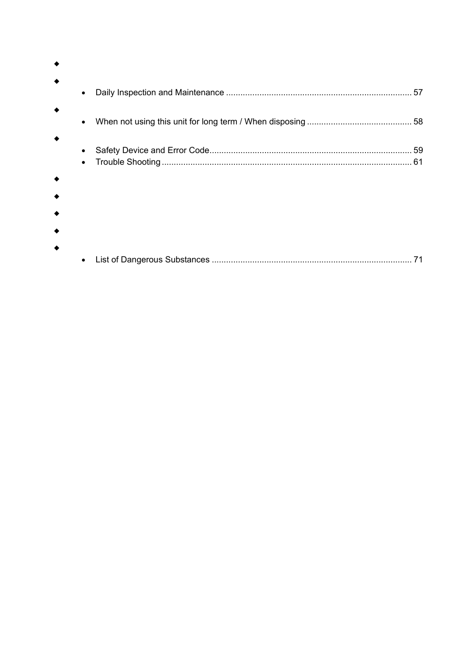 Handling precautions, Maintenance method, Long storage and disposal | After service and warranty, Specification, Wiring diagram, Replacement parts table, Reference | Yamato Scientific DNF 910 Constant Temperature Ovens User Manual | Page 4 / 76