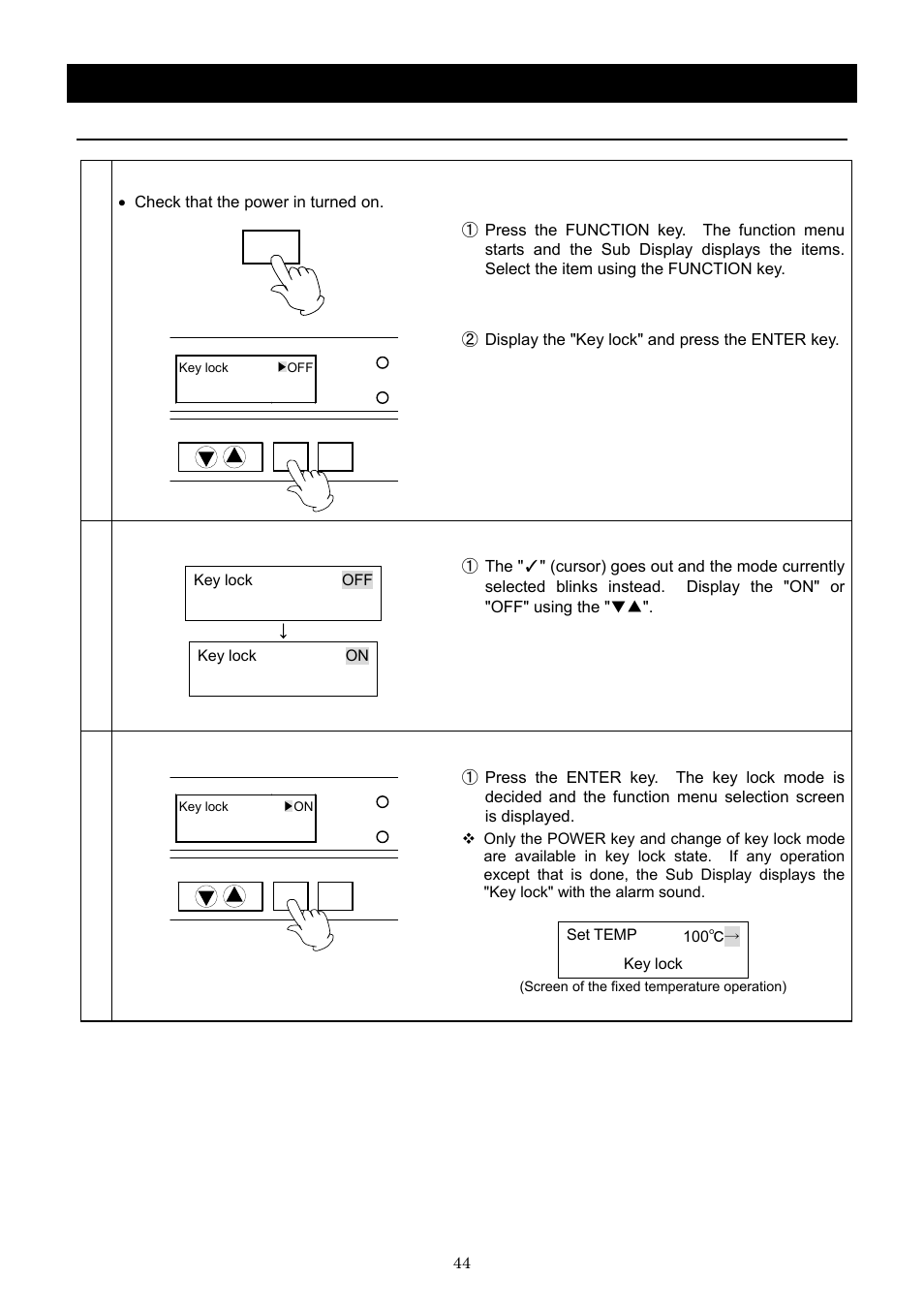 Operation method, Set the key lock mode | Yamato Scientific DNF 910 Constant Temperature Ovens User Manual | Page 48 / 76