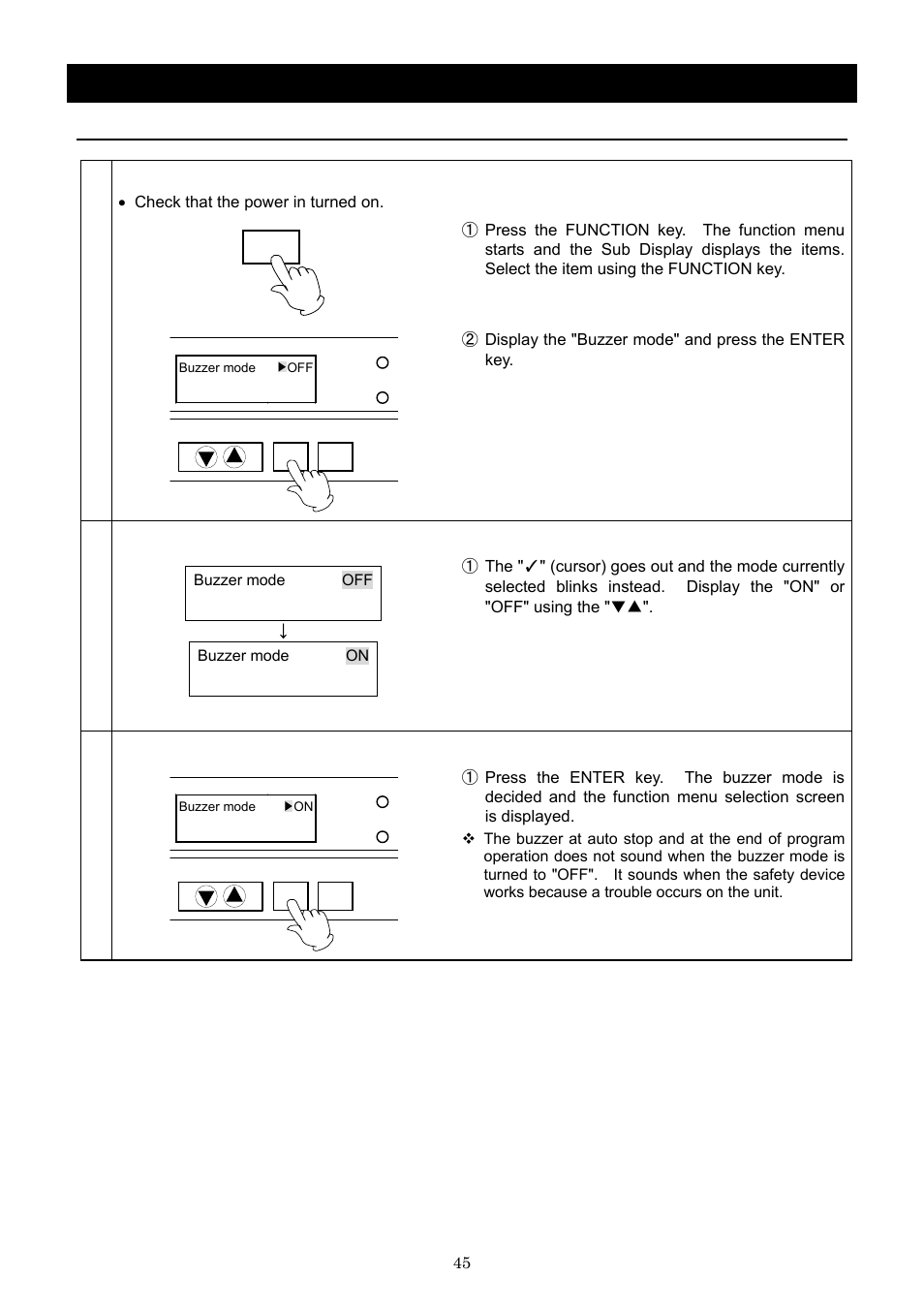 Operation method, Set the buzzer mode | Yamato Scientific DNF 910 Constant Temperature Ovens User Manual | Page 49 / 76