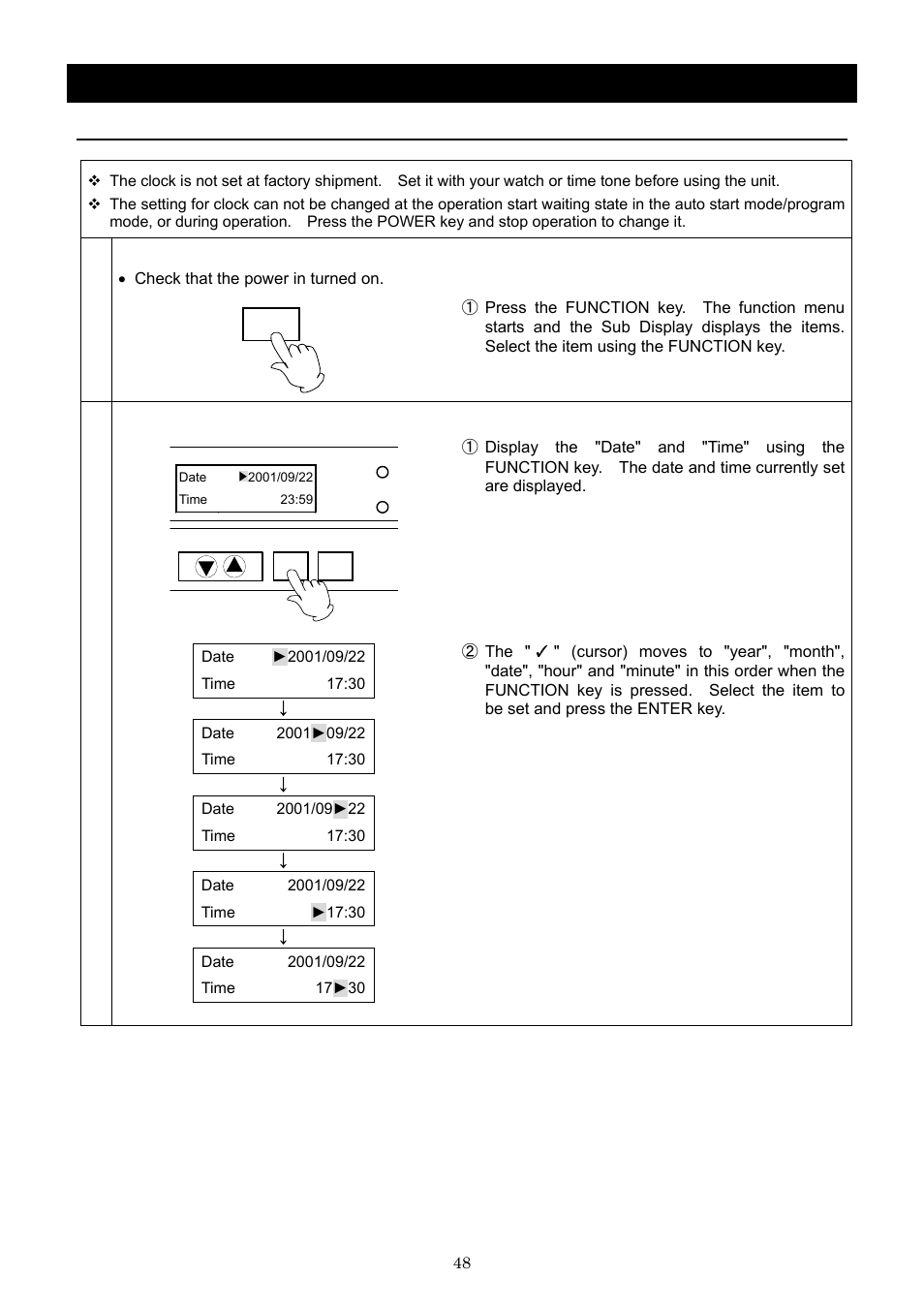 Operation method, Set clock | Yamato Scientific DNF 910 Constant Temperature Ovens User Manual | Page 52 / 76