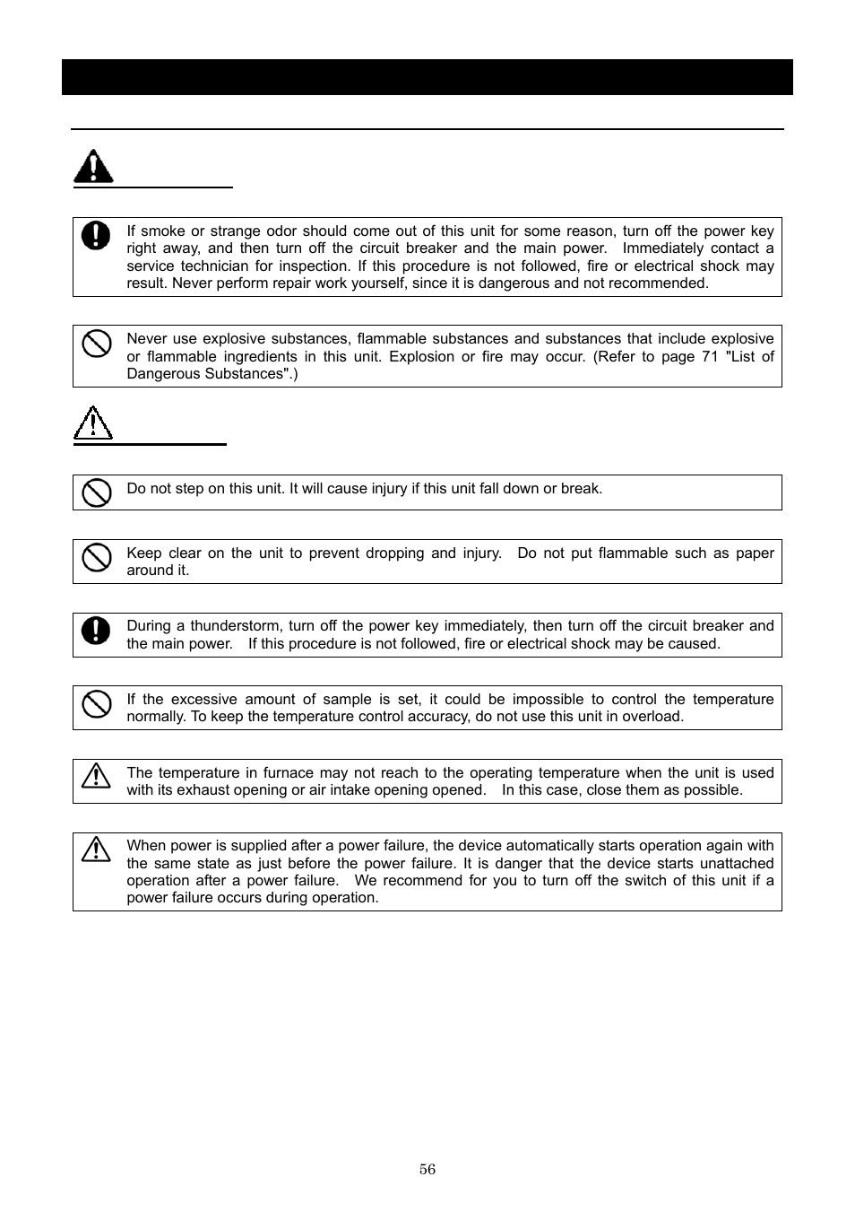 Handling precautions, Warning, Caution | Yamato Scientific DNF 910 Constant Temperature Ovens User Manual | Page 60 / 76