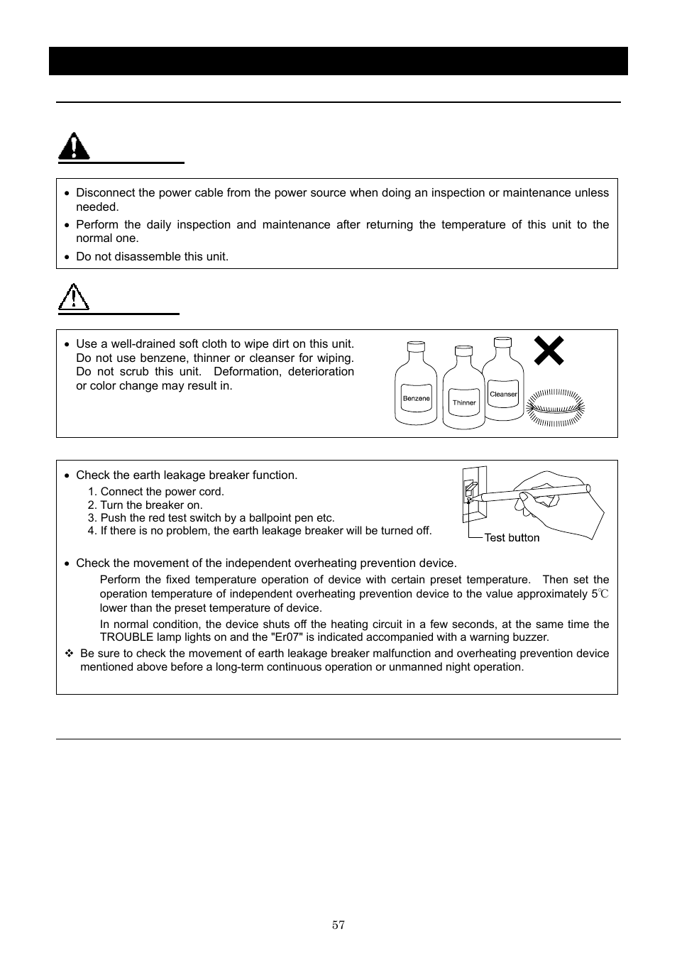 Maintenance method, Warning, Caution | Daily inspection and maintenance | Yamato Scientific DNF 910 Constant Temperature Ovens User Manual | Page 61 / 76
