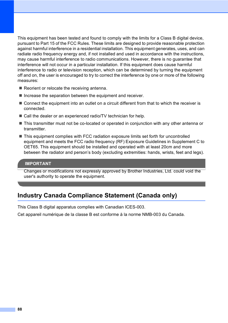 Industry canada compliance statement (canada only) | Brother FAX-1960C User Manual | Page 104 / 156