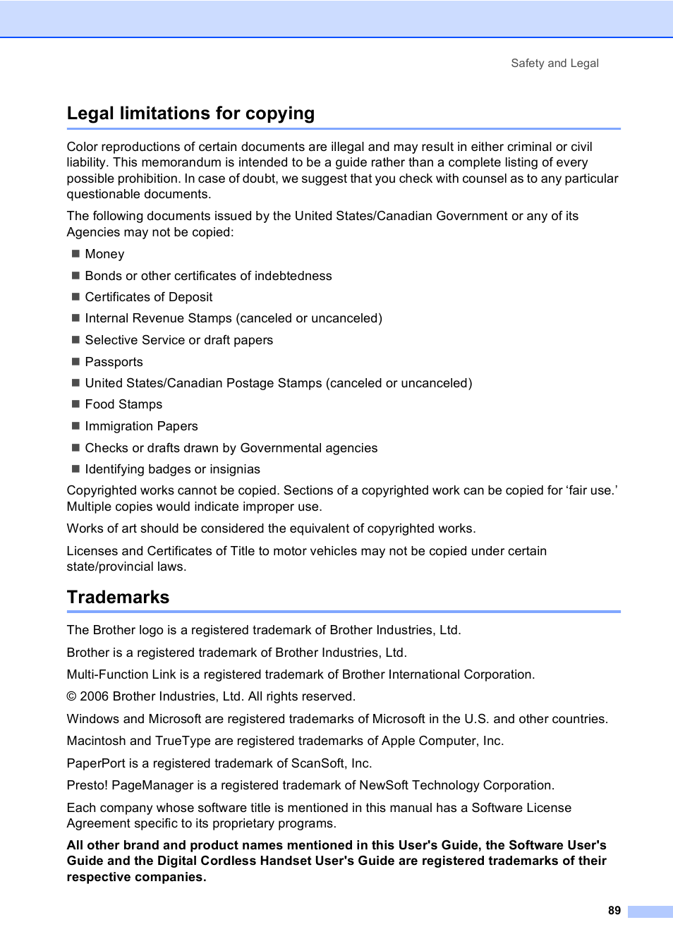 Legal limitations for copying, Trademarks, Legal limitations for copying trademarks | Brother FAX-1960C User Manual | Page 105 / 156