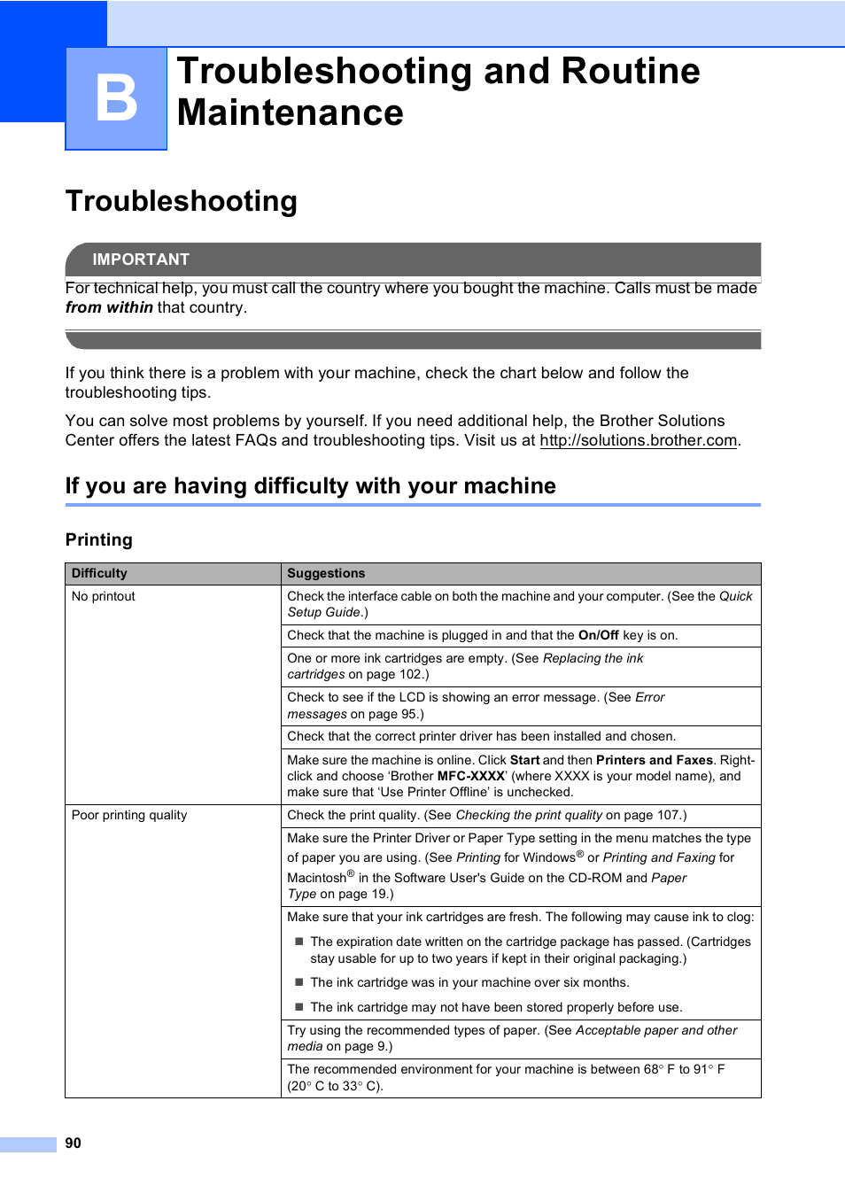 B troubleshooting and routine maintenance, Troubleshooting, If you are having difficulty with your machine | Troubleshooting and routine maintenance | Brother FAX-1960C User Manual | Page 106 / 156