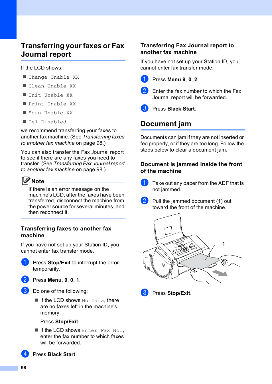 Transferring your faxes or fax journal report, Transferring faxes to another fax machine, Document jam | Document is jammed inside the front of the machine | Brother FAX-1960C User Manual | Page 114 / 156