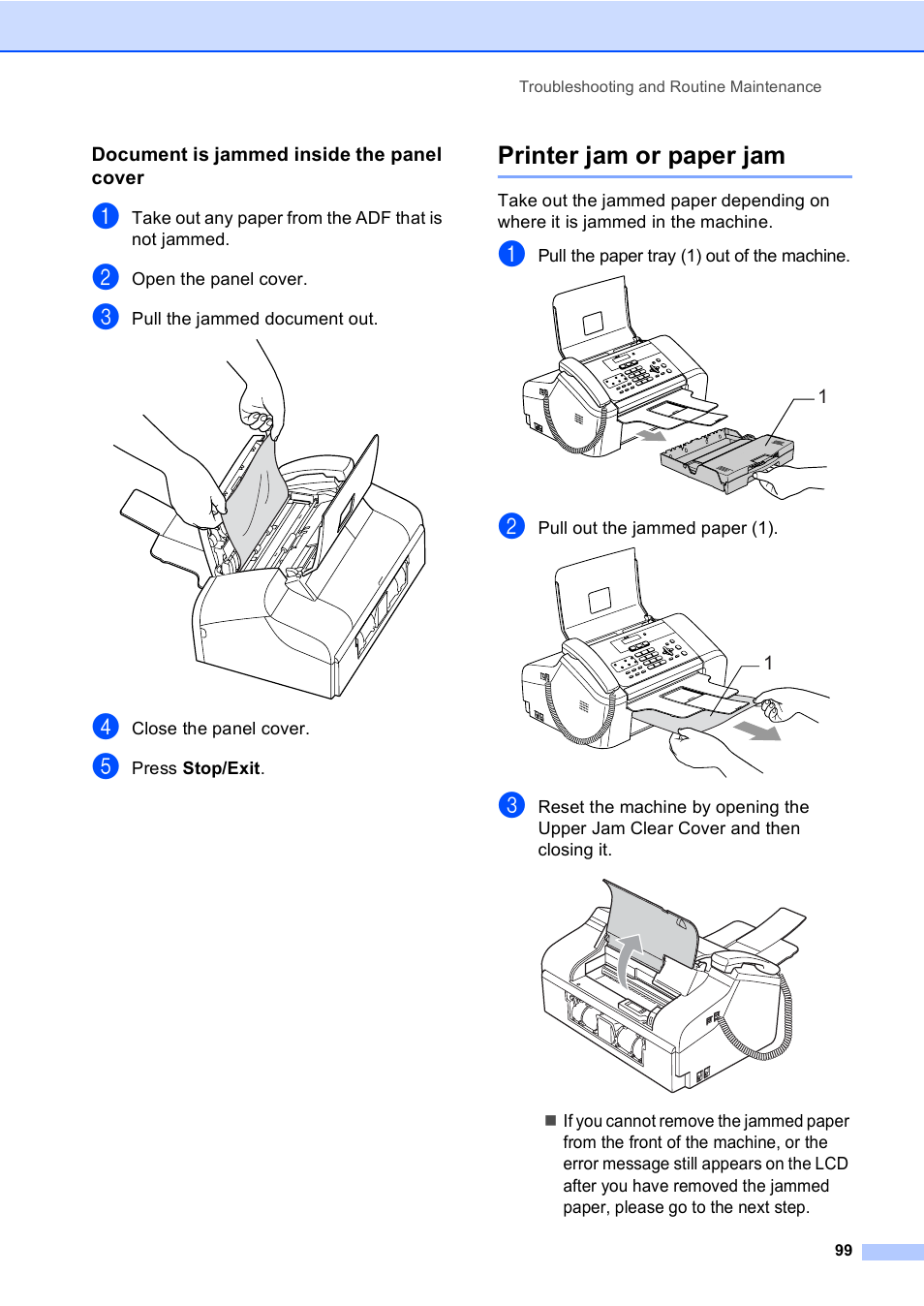 Document is jammed inside the panel cover, Printer jam or paper jam | Brother FAX-1960C User Manual | Page 115 / 156