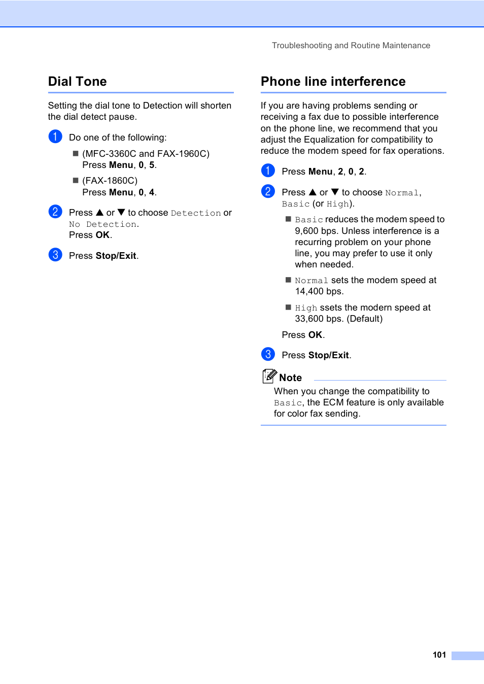 Dial tone, Phone line interference, Dial tone phone line interference | Brother FAX-1960C User Manual | Page 117 / 156