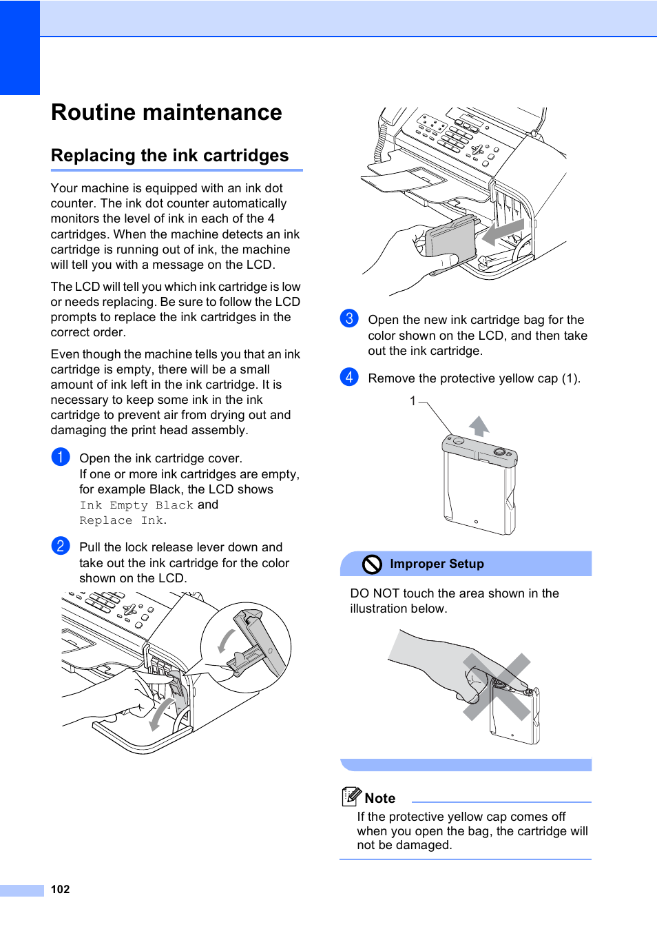 Routine maintenance, Replacing the ink cartridges | Brother FAX-1960C User Manual | Page 118 / 156