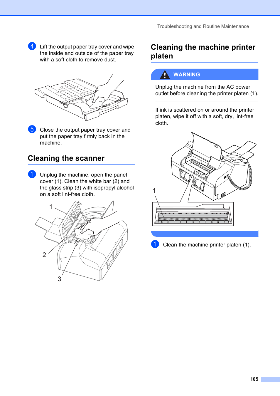 Cleaning the scanner, Cleaning the machine printer platen | Brother FAX-1960C User Manual | Page 121 / 156