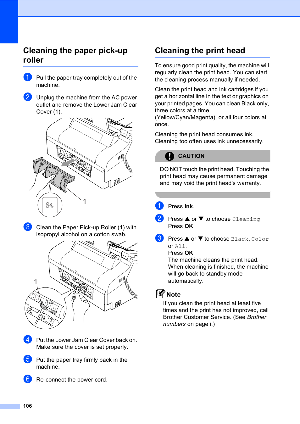 Cleaning the paper pick-up roller, Cleaning the print head | Brother FAX-1960C User Manual | Page 122 / 156