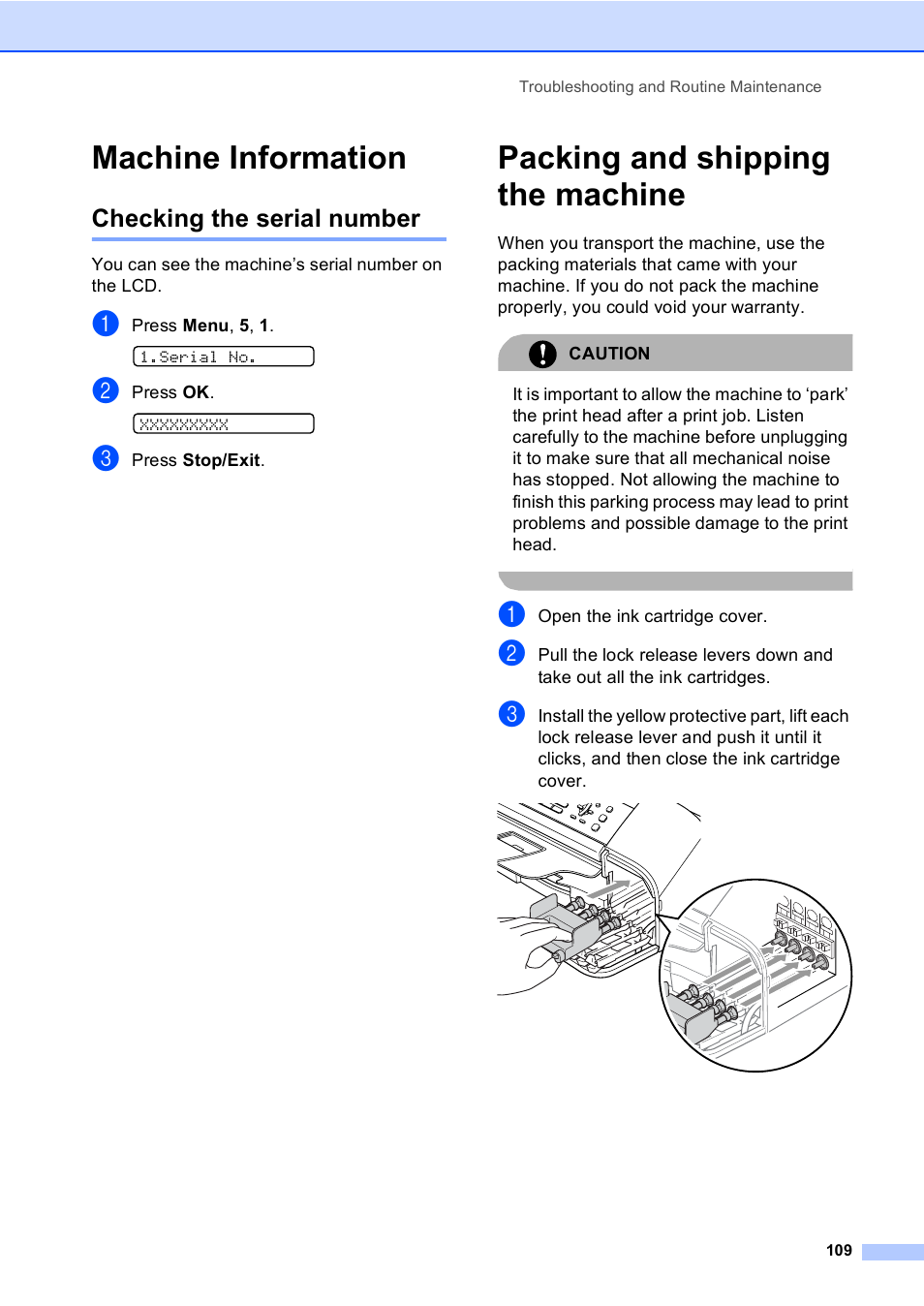 Machine information, Checking the serial number, Packing and shipping the machine | Brother FAX-1960C User Manual | Page 125 / 156