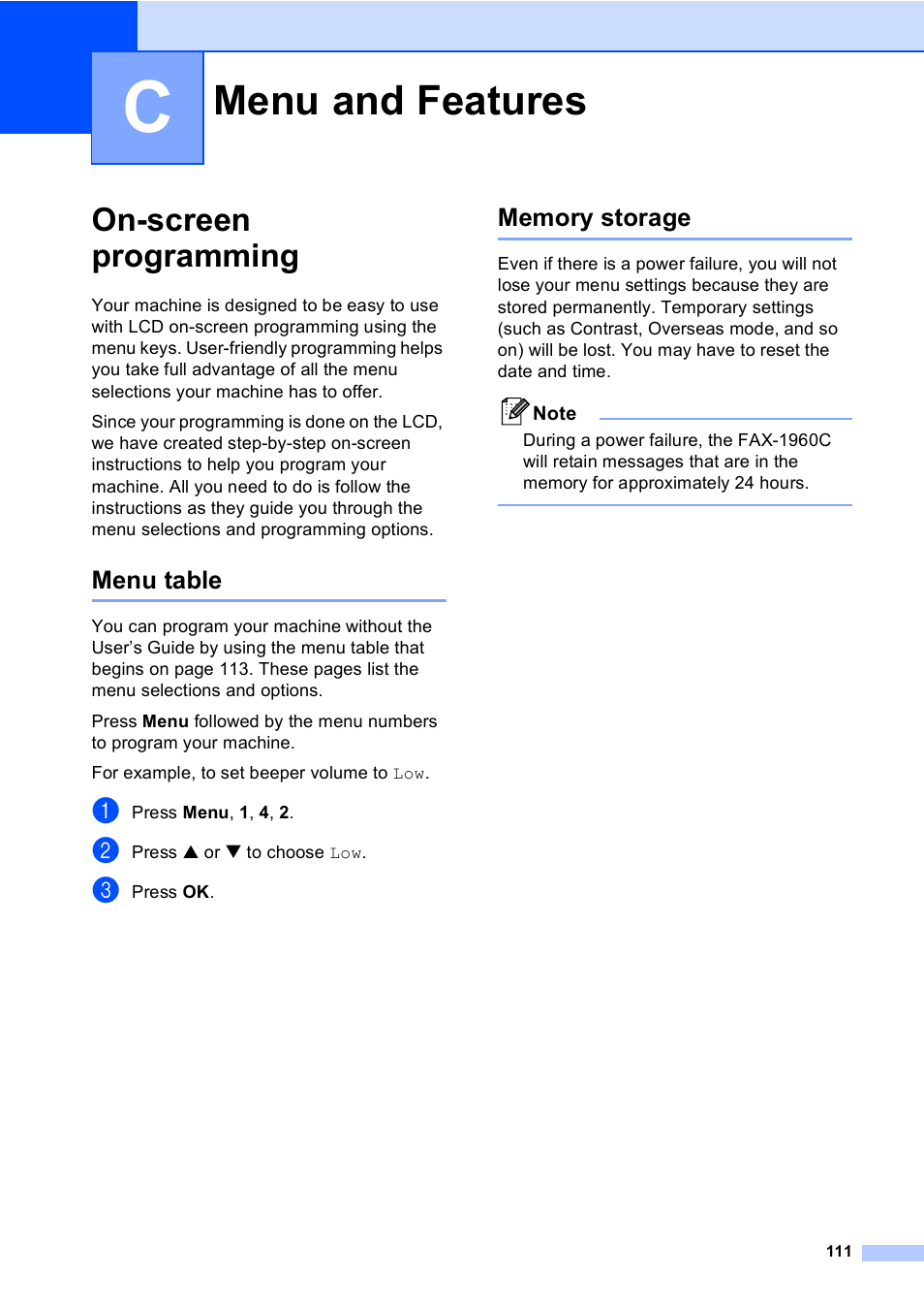 C menu and features, On-screen programming, Menu table | Memory storage, Menu and features, Menu table memory storage | Brother FAX-1960C User Manual | Page 127 / 156