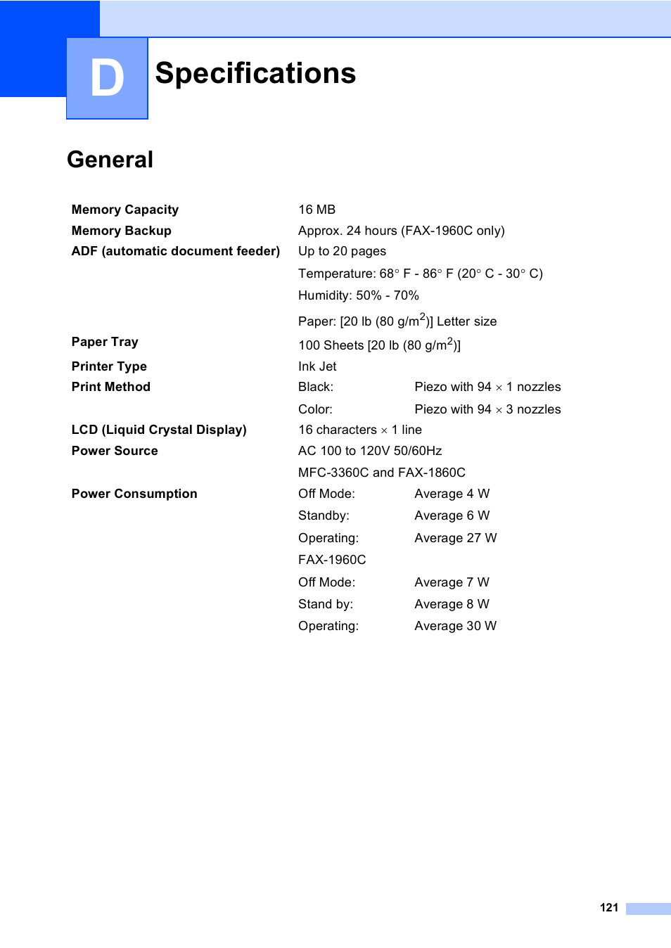 D specifications, General, Specifications | Brother FAX-1960C User Manual | Page 137 / 156