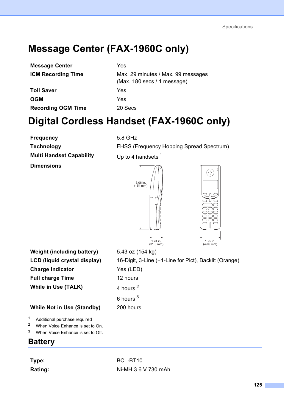 Message center (fax-1960c only), Digital cordless handset (fax-1960c only), Battery | Brother FAX-1960C User Manual | Page 141 / 156