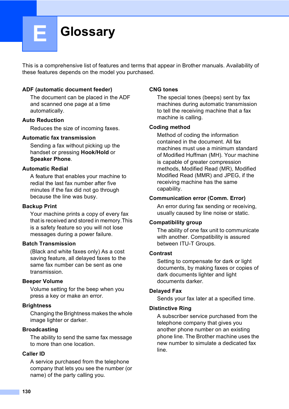 E glossary, Glossary | Brother FAX-1960C User Manual | Page 146 / 156