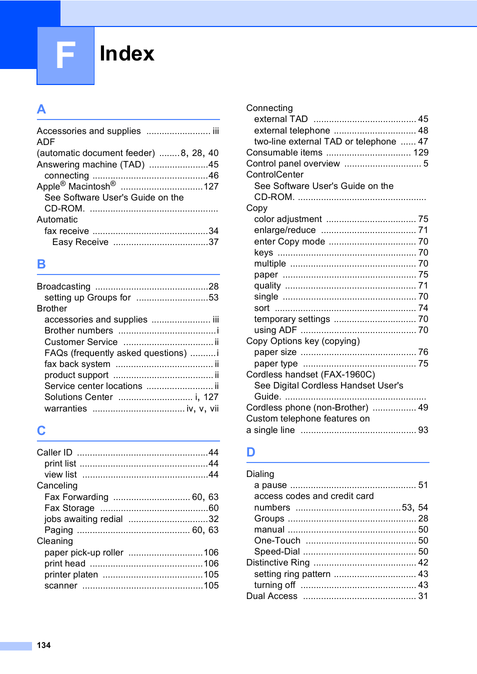 F index, Index | Brother FAX-1960C User Manual | Page 150 / 156