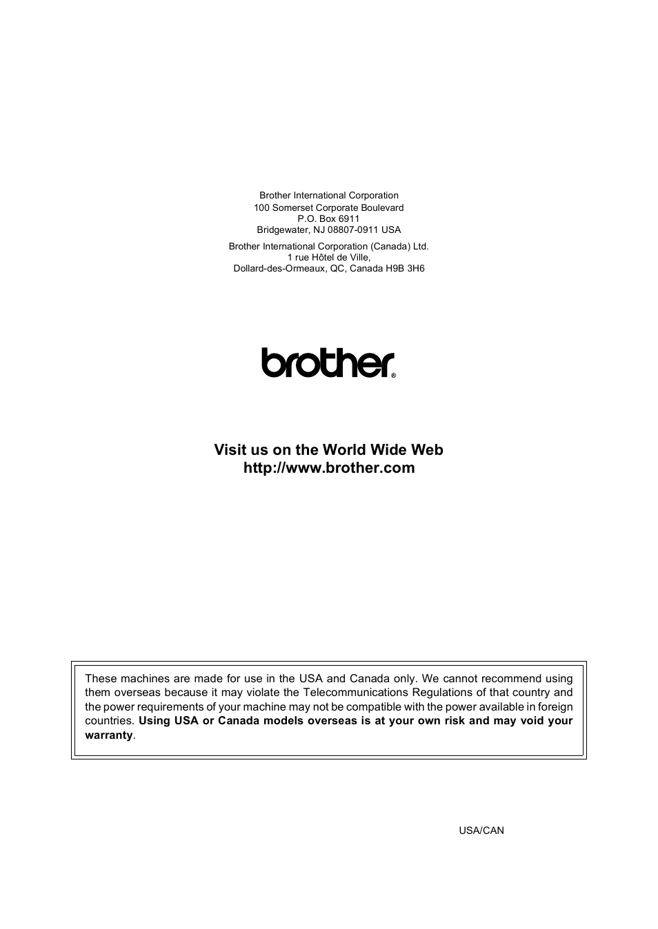 Brother usa/can | Brother FAX-1960C User Manual | Page 156 / 156