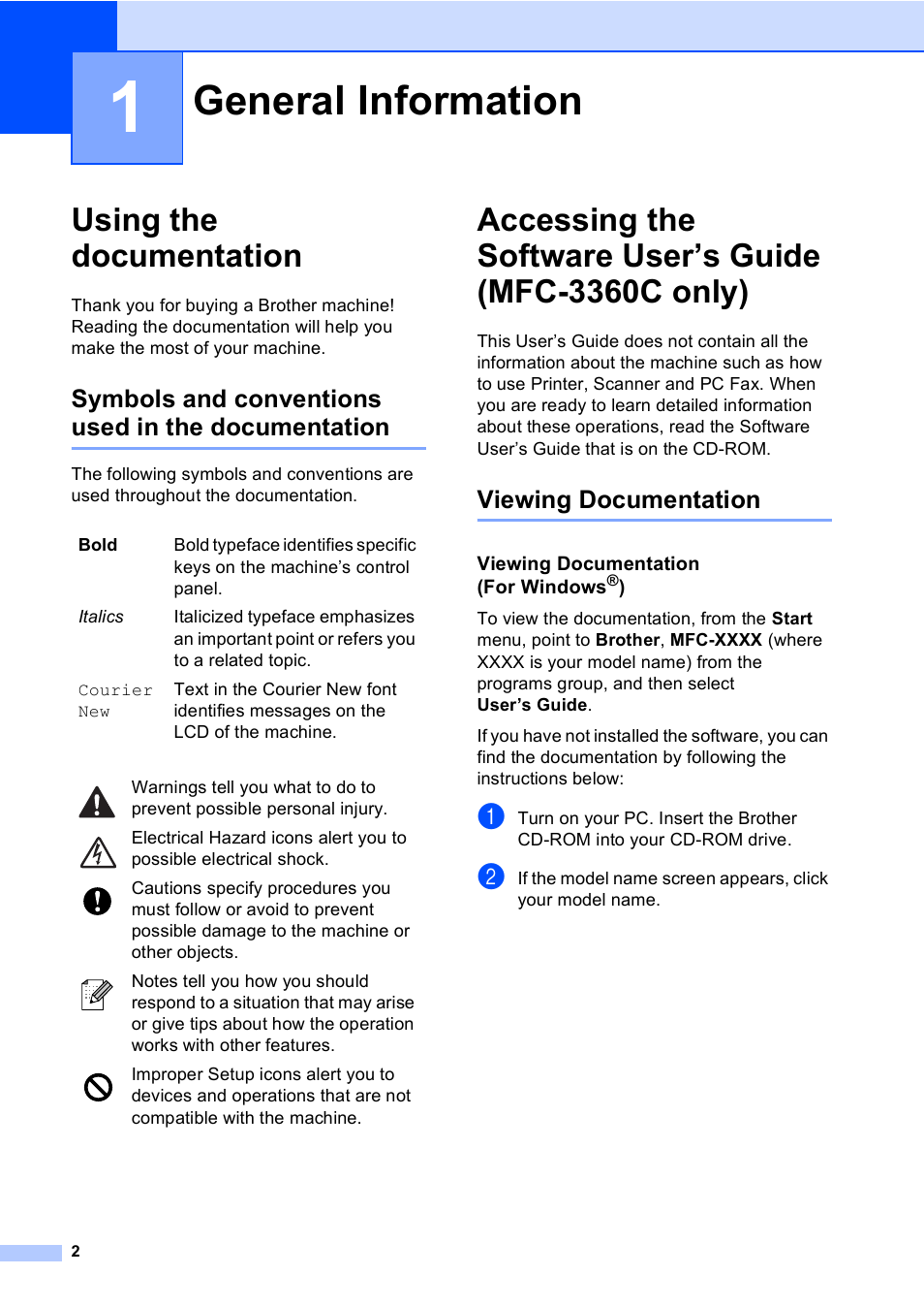 1 general information, Using the documentation, Symbols and conventions used in the documentation | Viewing documentation, Viewing documentation (for windows®), General information | Brother FAX-1960C User Manual | Page 18 / 156
