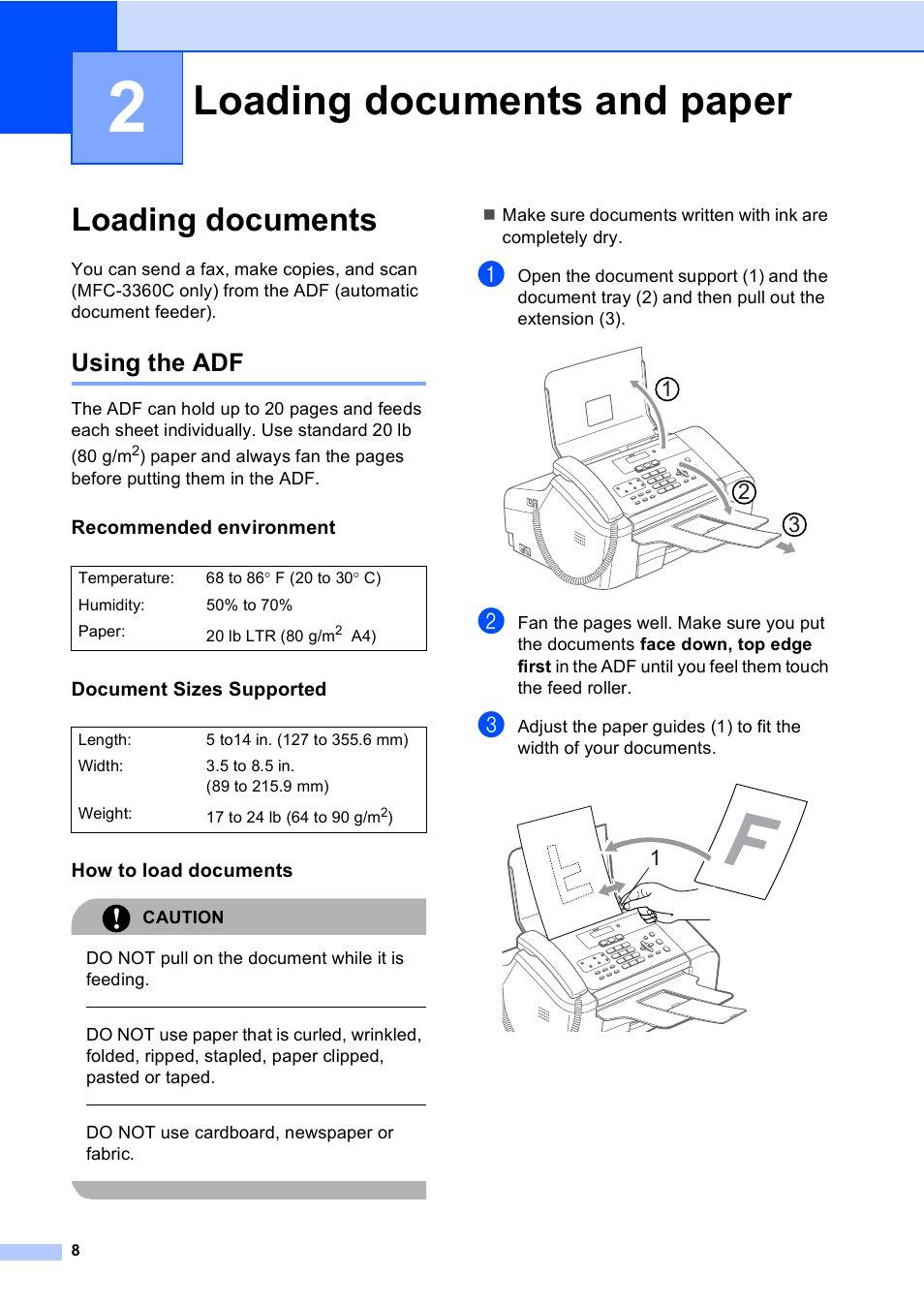 2 loading documents and paper, Loading documents, Using the adf | Recommended environment, Document sizes supported, How to load documents, Loading documents and paper | Brother FAX-1960C User Manual | Page 24 / 156