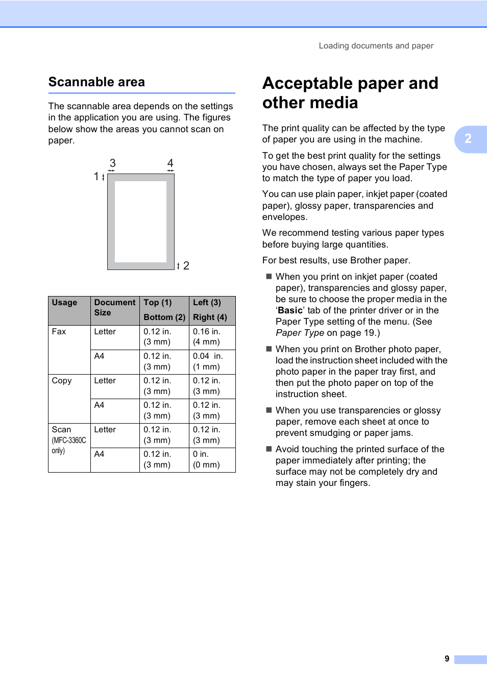 Scannable area, Acceptable paper and other media, 2scannable area | Brother FAX-1960C User Manual | Page 25 / 156