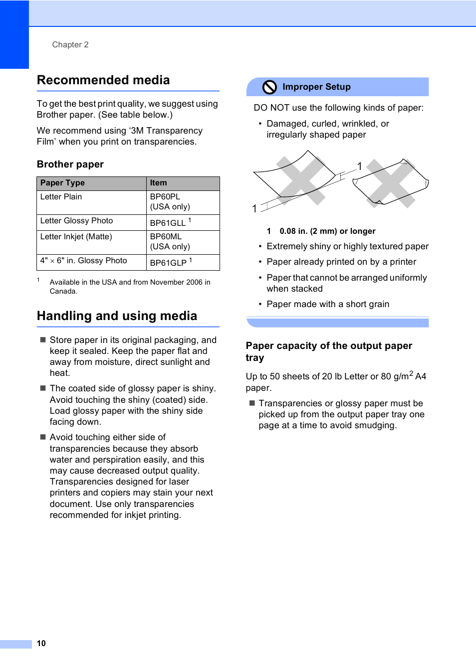 Recommended media, Handling and using media, Paper capacity of the output paper tray | Recommended media handling and using media | Brother FAX-1960C User Manual | Page 26 / 156