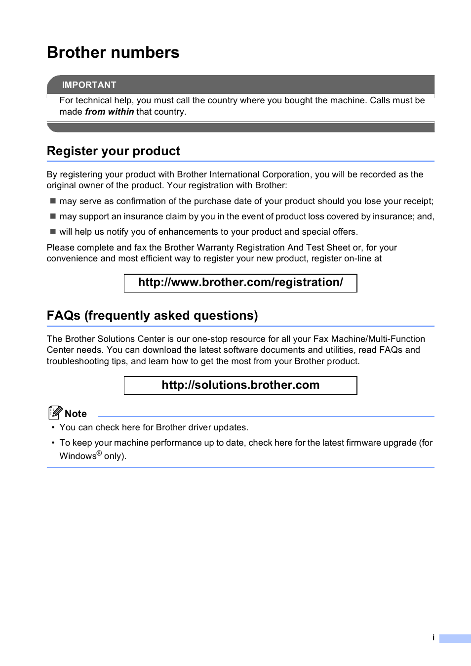 Brother numbers, Register your product, Faqs (frequently asked questions) | Brother FAX-1960C User Manual | Page 3 / 156