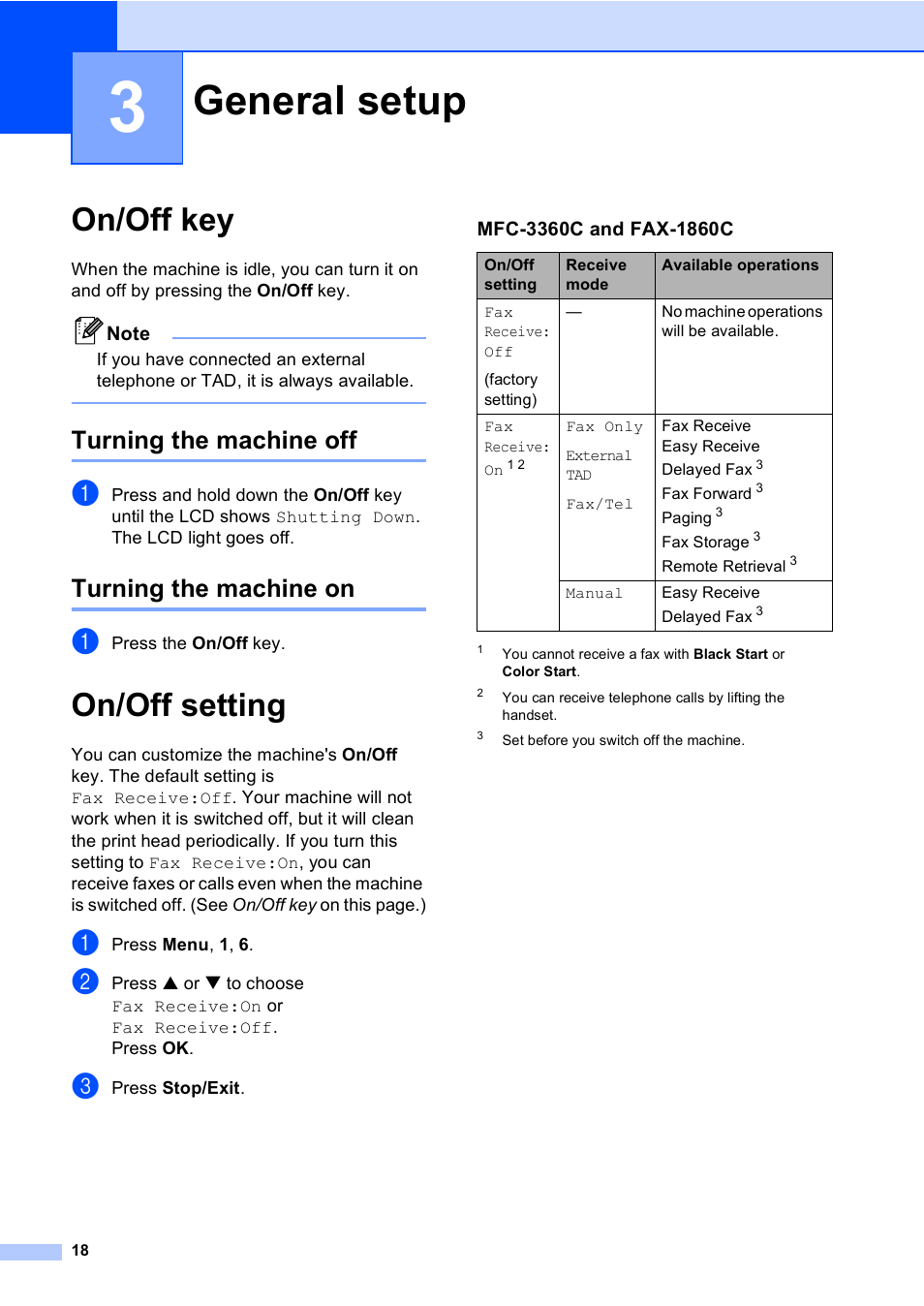 3 general setup, On/off key, Turning the machine off | Turning the machine on, On/off setting, General setup, Turning the machine off turning the machine on | Brother FAX-1960C User Manual | Page 34 / 156