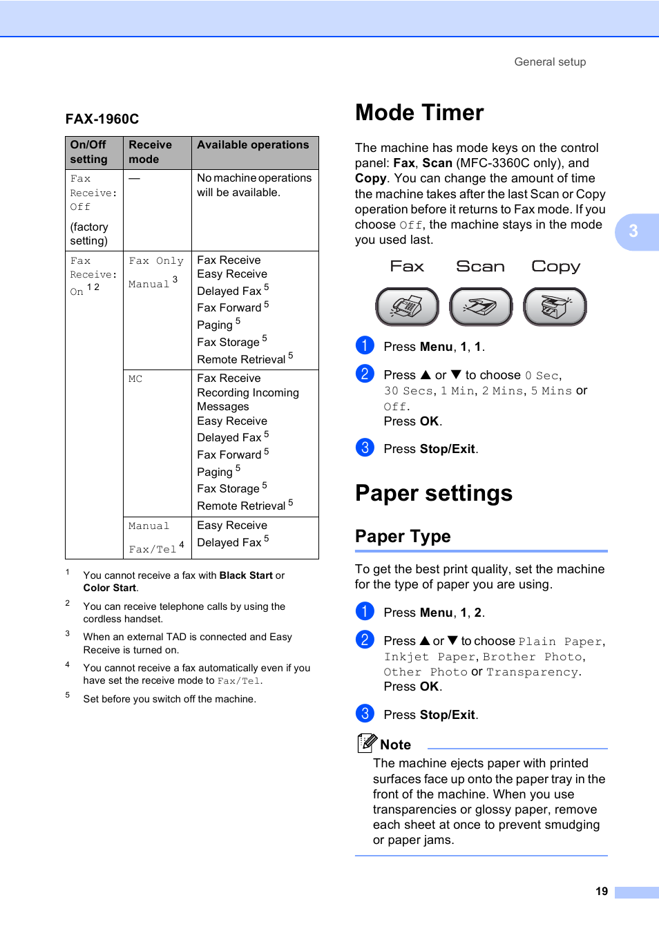Mode timer, Paper settings, Paper type | Mode timer paper settings | Brother FAX-1960C User Manual | Page 35 / 156