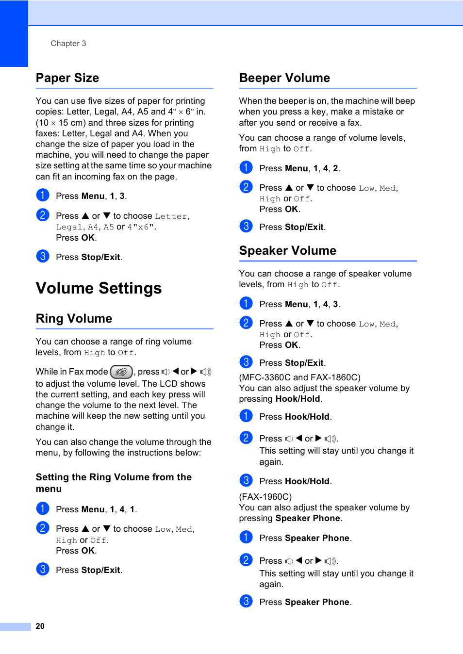Paper size, Volume settings, Ring volume | Setting the ring volume from the menu, Beeper volume, Speaker volume, Ring volume beeper volume speaker volume | Brother FAX-1960C User Manual | Page 36 / 156