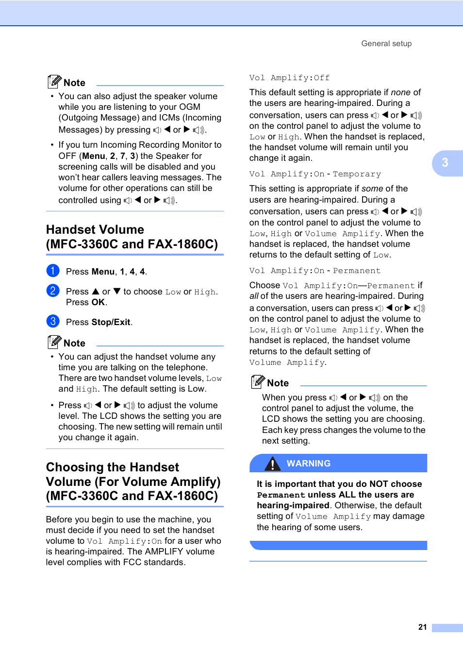 Handset volume (mfc-3360c and fax-1860c), Mfc-3360c and fax-1860c) | Brother FAX-1960C User Manual | Page 37 / 156