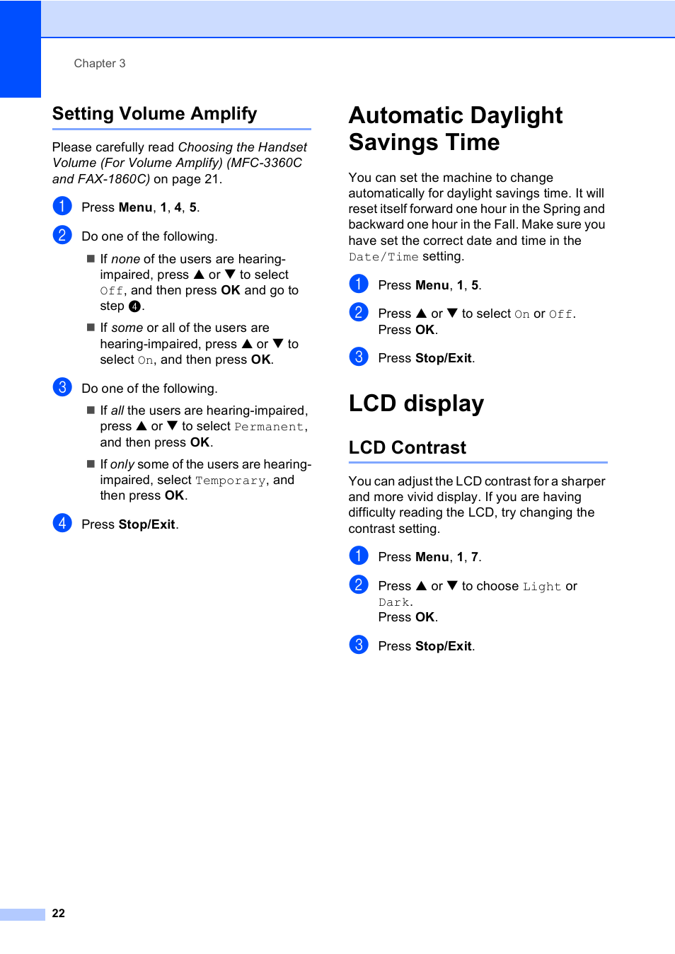 Setting volume amplify, Automatic daylight savings time, Lcd display | Lcd contrast, Automatic daylight savings time lcd display | Brother FAX-1960C User Manual | Page 38 / 156