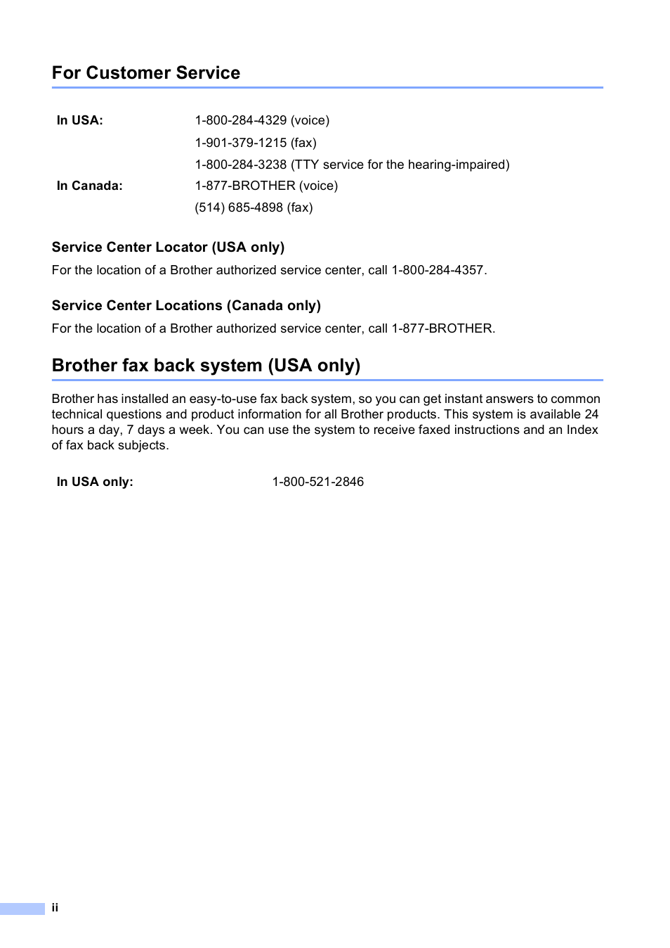 For customer service, Brother fax back system (usa only) | Brother FAX-1960C User Manual | Page 4 / 156