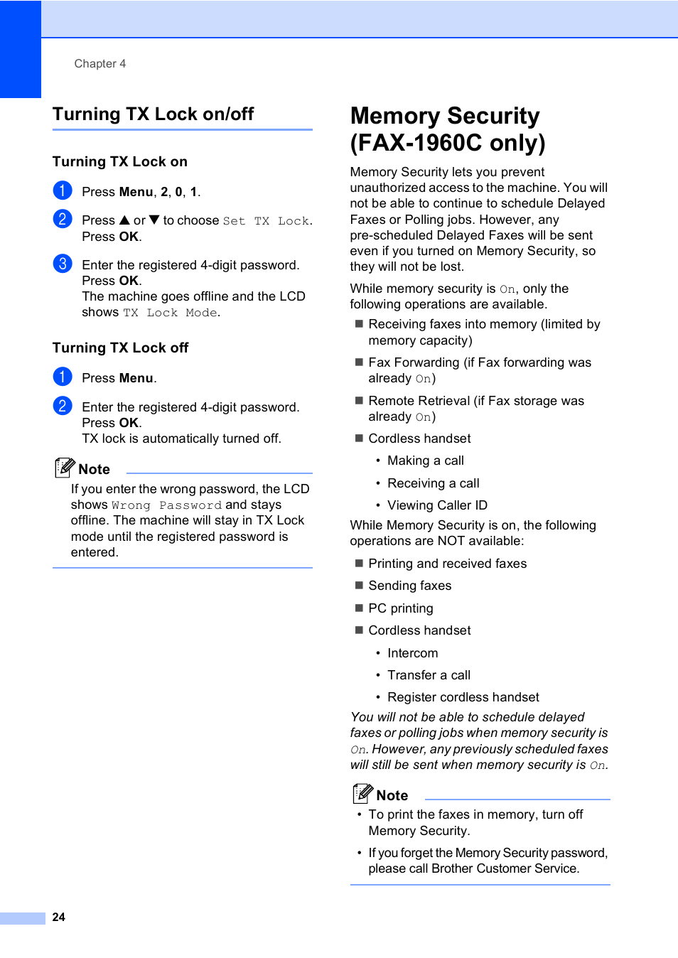 Turning tx lock on/off, Turning tx lock on, Turning tx lock off | Memory security (fax-1960c only) | Brother FAX-1960C User Manual | Page 40 / 156