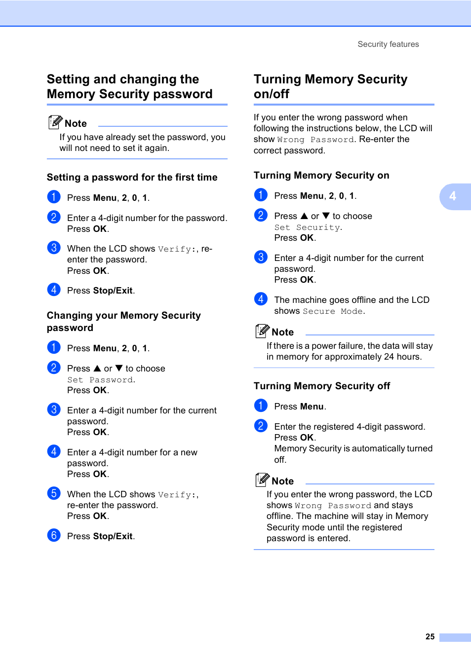 Setting and changing the memory security password, Setting a password for the first time, Changing your memory security password | Turning memory security on/off, Turning memory security on, Turning memory security off | Brother FAX-1960C User Manual | Page 41 / 156