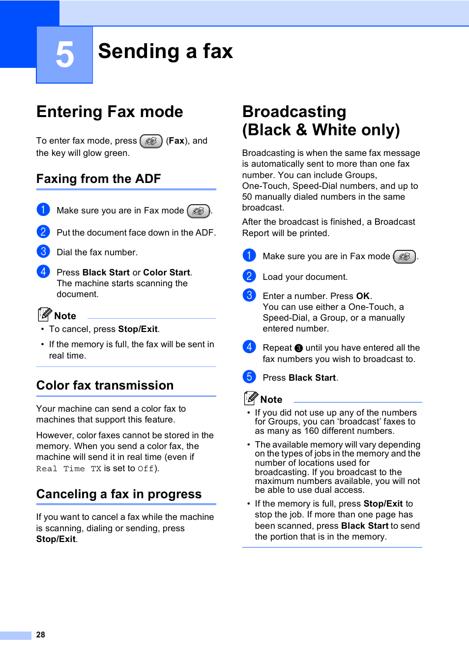 5 sending a fax, Entering fax mode, Faxing from the adf | Color fax transmission, Canceling a fax in progress, Broadcasting (black & white only), Sending a fax | Brother FAX-1960C User Manual | Page 44 / 156