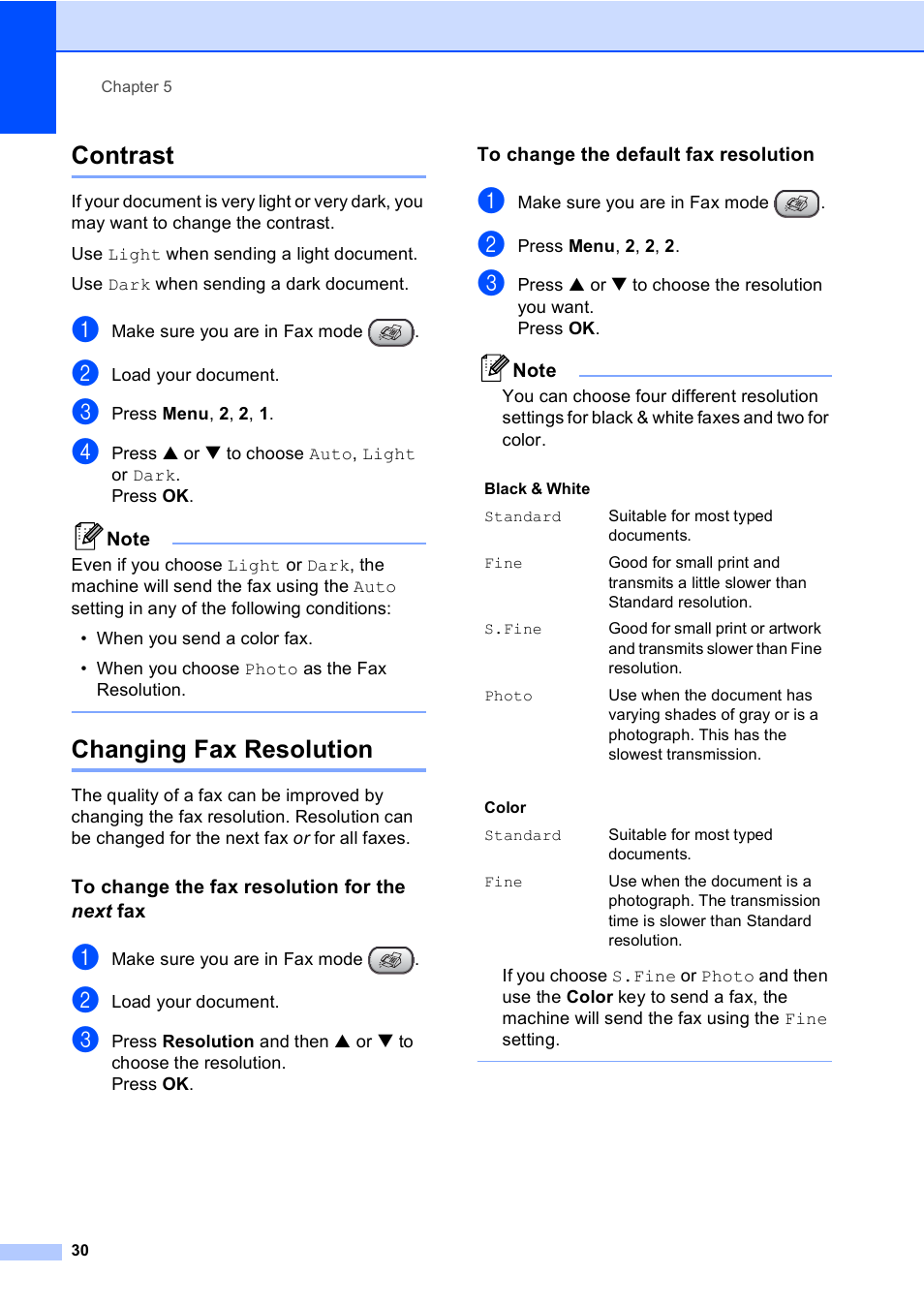 Contrast, Changing fax resolution, To change the fax resolution for the next fax | To change the default fax resolution, Contrast changing fax resolution | Brother FAX-1960C User Manual | Page 46 / 156