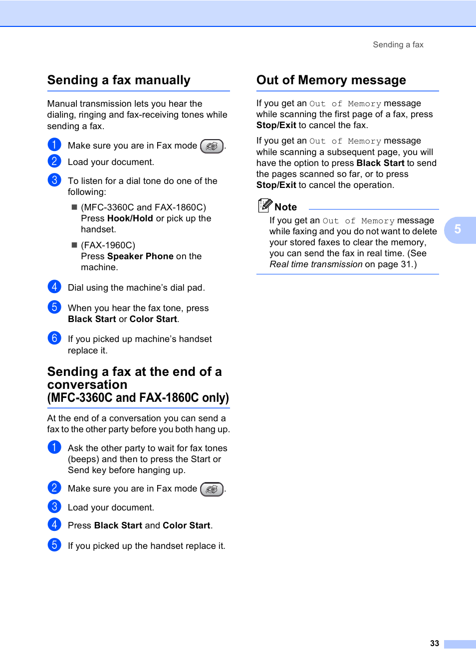 Sending a fax manually, Out of memory message, Mfc-3360c and fax-1860c only) | 5sending a fax manually | Brother FAX-1960C User Manual | Page 49 / 156