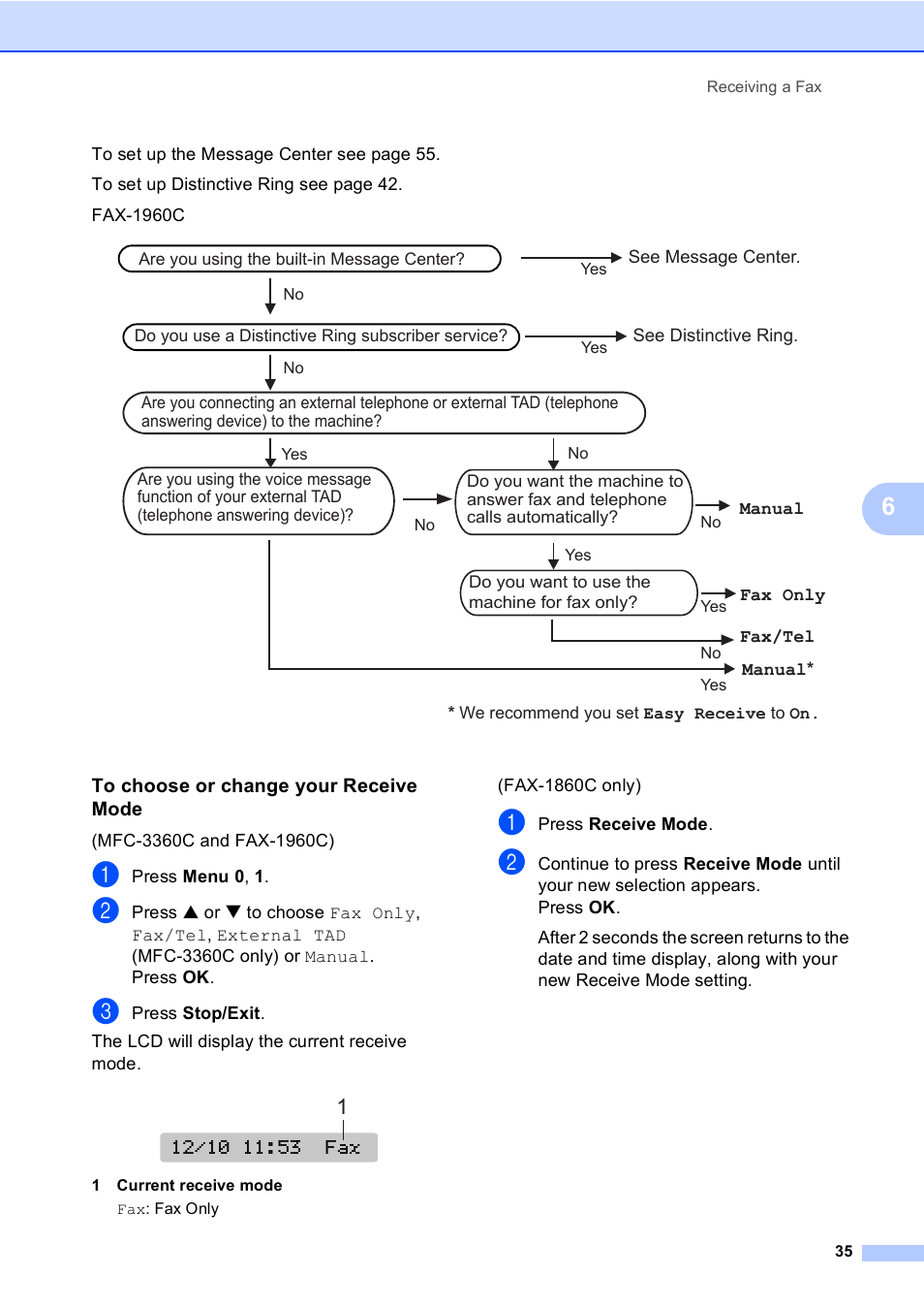 To choose or change your receive mode | Brother FAX-1960C User Manual | Page 51 / 156