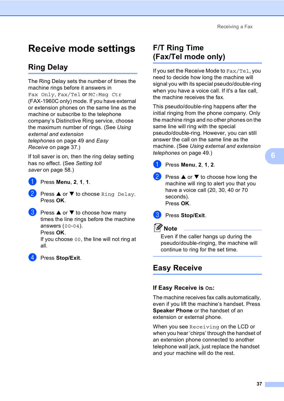 Receive mode settings, Ring delay, F/t ring time (fax/tel mode only) | Easy receive, If easy receive is on | Brother FAX-1960C User Manual | Page 53 / 156