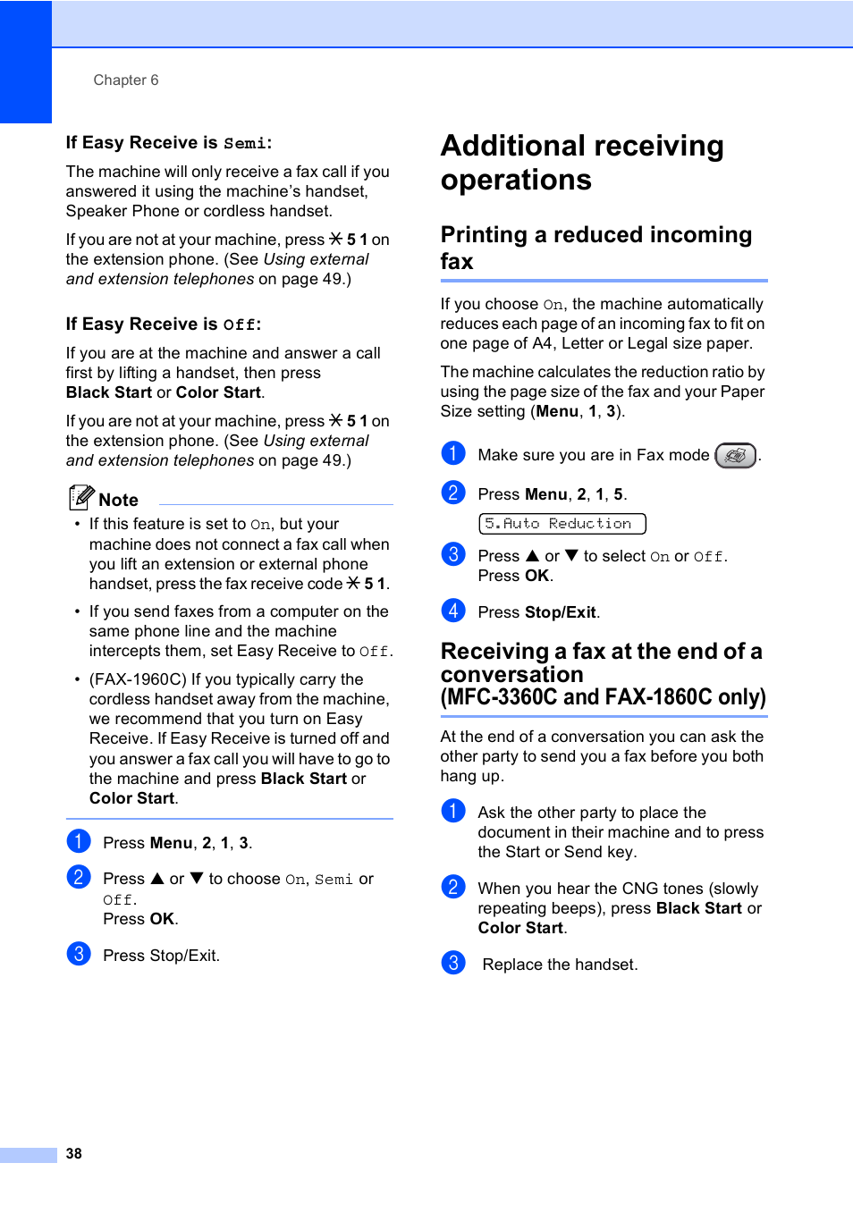 If easy receive is semi, If easy receive is off, Additional receiving operations | Printing a reduced incoming fax, Mfc-3360c and fax-1860c only) | Brother FAX-1960C User Manual | Page 54 / 156