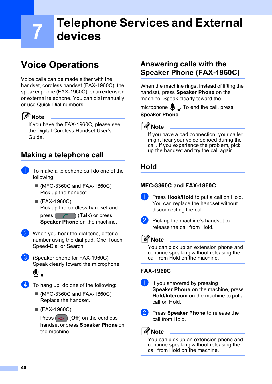 7 telephone services and external devices, Voice operations, Making a telephone call | Answering calls with the speaker phone (fax-1960c), Hold, Mfc-3360c and fax-1860c, Fax-1960c, Telephone services and external devices | Brother FAX-1960C User Manual | Page 56 / 156