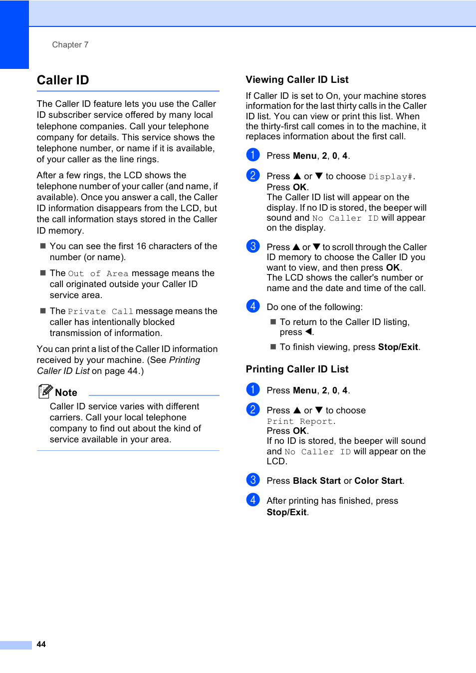 Caller id, Viewing caller id list, Printing caller id list | Brother FAX-1960C User Manual | Page 60 / 156