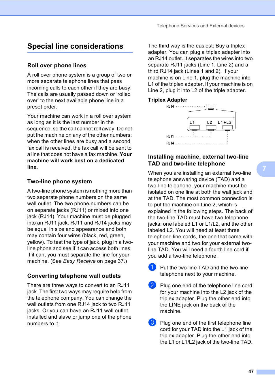 Special line considerations, Roll over phone lines, Two-line phone system | Converting telephone wall outlets, 7special line considerations | Brother FAX-1960C User Manual | Page 63 / 156