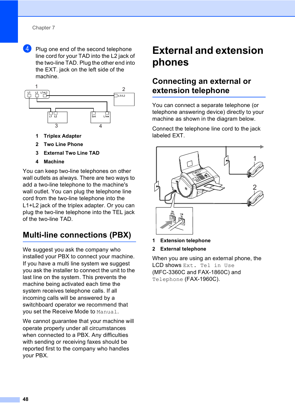 Multi-line connections (pbx), External and extension phones, Connecting an external or extension telephone | Brother FAX-1960C User Manual | Page 64 / 156