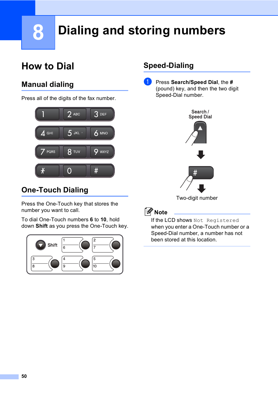 8 dialing and storing numbers, How to dial, Manual dialing | One-touch dialing, Speed-dialing, Dialing and storing numbers, Manual dialing one-touch dialing speed-dialing | Brother FAX-1960C User Manual | Page 66 / 156