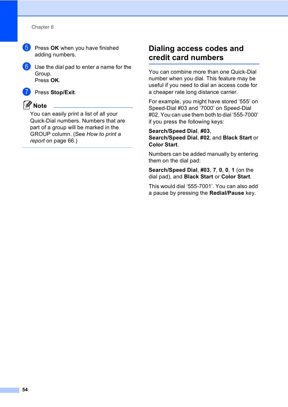 Dialing access codes and credit card numbers | Brother FAX-1960C User Manual | Page 70 / 156
