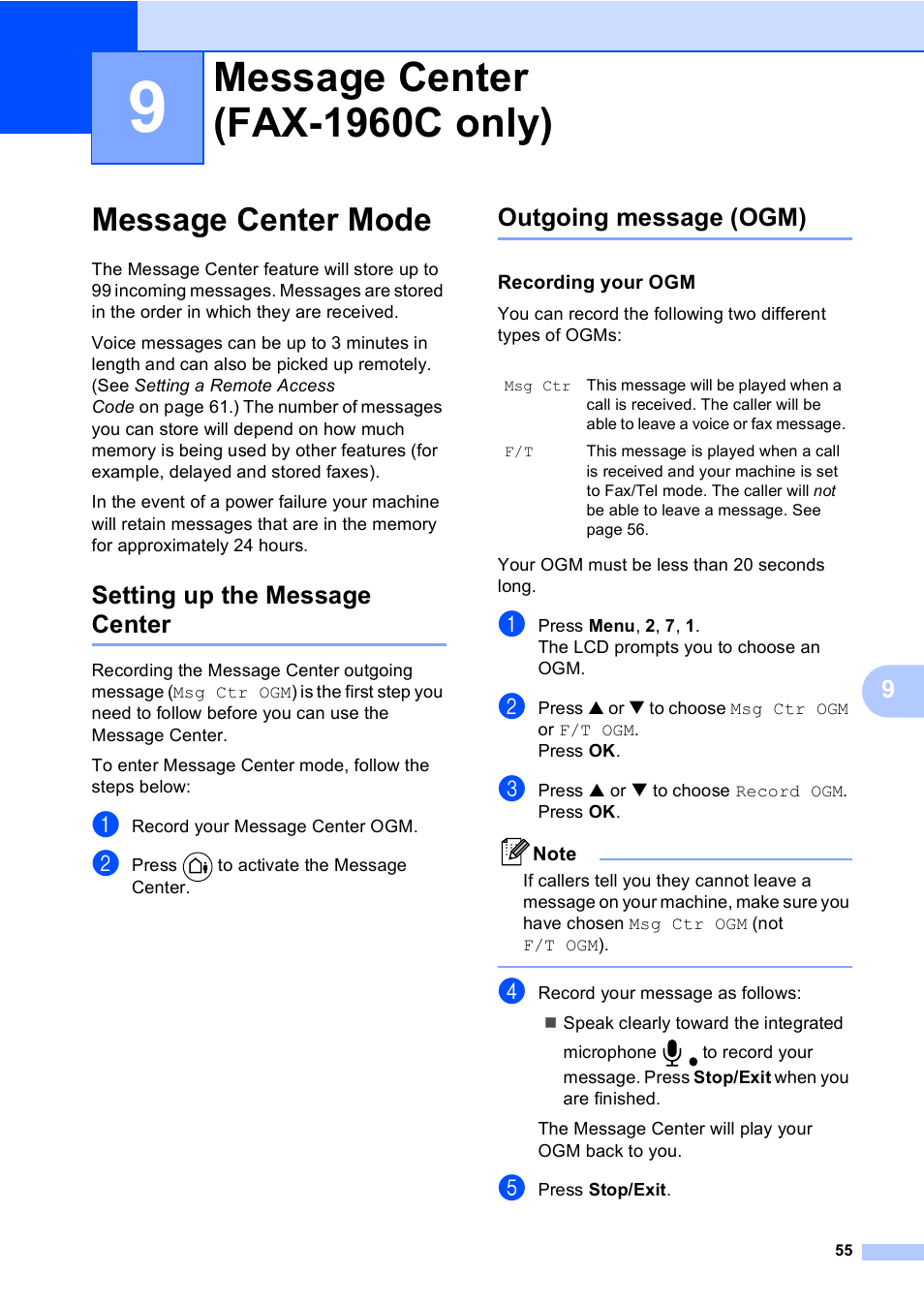 9 message center (fax-1960c only), Message center mode, Setting up the message center | Outgoing message (ogm), Recording your ogm, Message center (fax-1960c only) | Brother FAX-1960C User Manual | Page 71 / 156