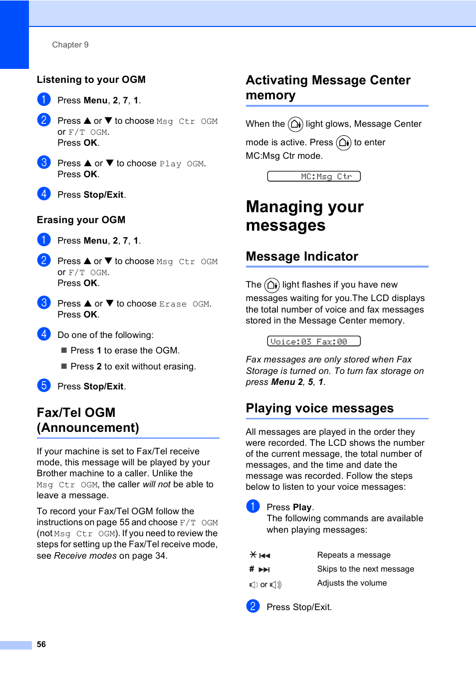 Listening to your ogm, Erasing your ogm, Fax/tel ogm (announcement) | Activating message center memory, Managing your messages, Message indicator, Playing voice messages, Message indicator playing voice messages | Brother FAX-1960C User Manual | Page 72 / 156